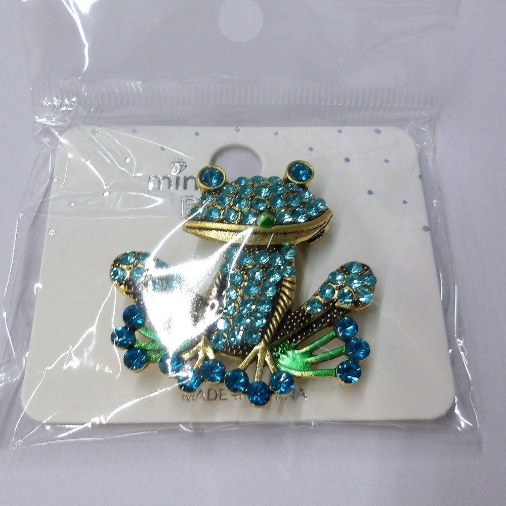 Ming Blue Rhinestone Frog Brooch Gold Tone Green‎ Enamel Pin /#26685